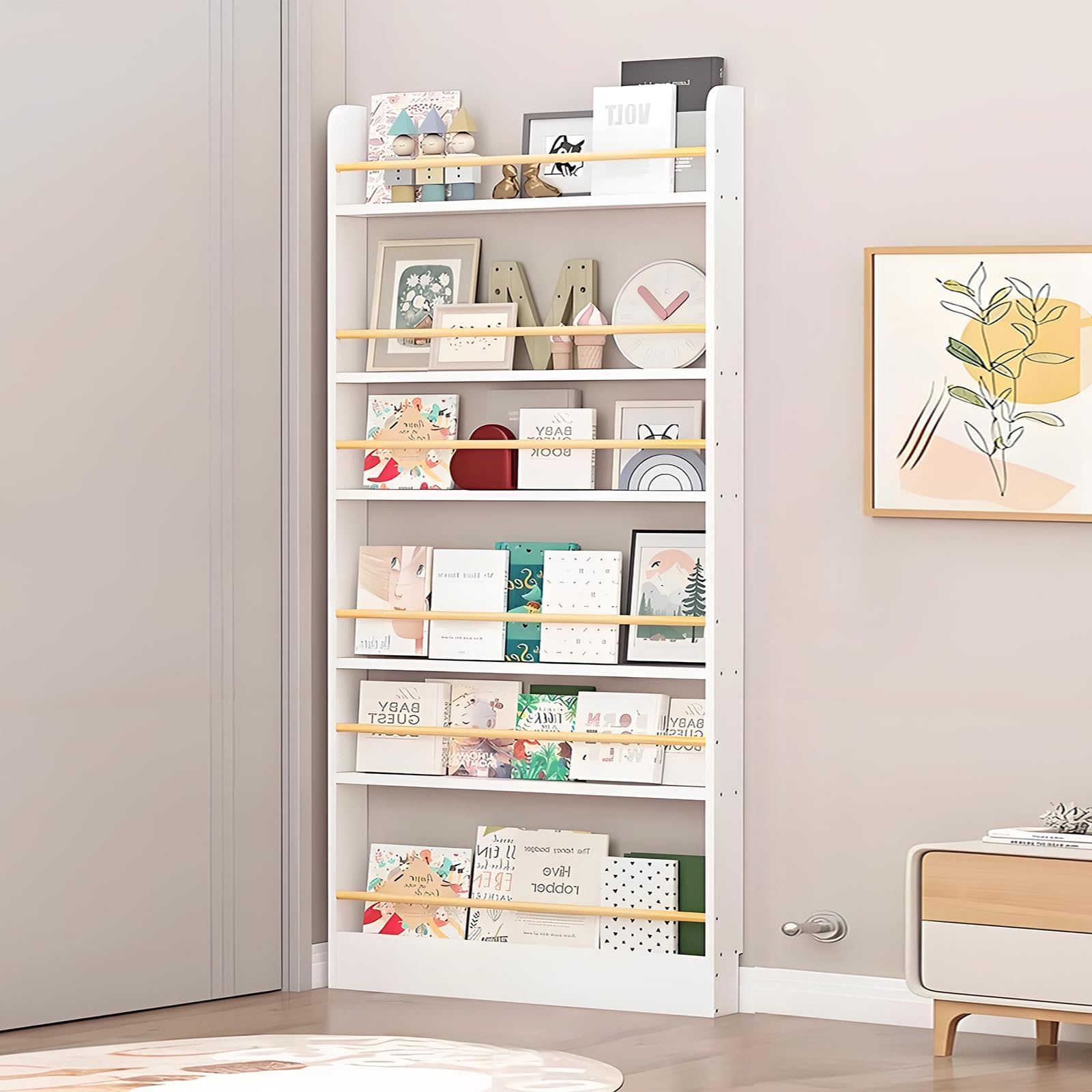 IEHFDCA Wooden 3/4/5/6 Tier Behind The Door Bookshelf, Tall Narrow Floor Standing Bookcase, Space-Saving Storage Organizer for Books, Bedroom, Living