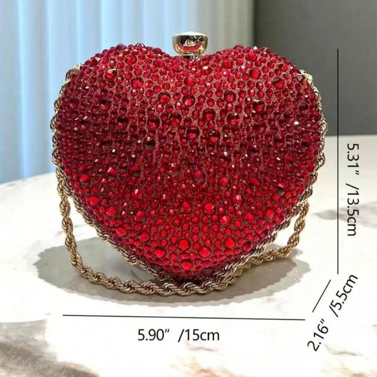 Red Heart Rhinestone Clutch Bag for Women – Sparkling Wedding Evening Purse with Chain Strap, Formal Party Handbag - Image 4
