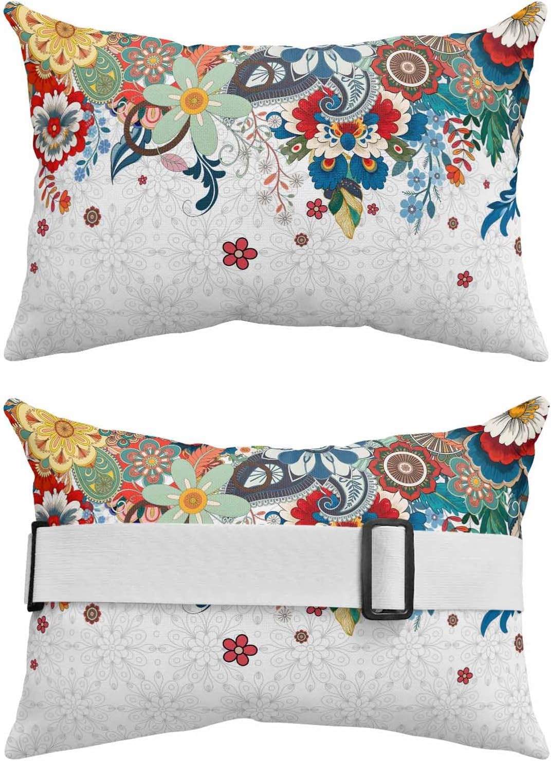 Pack of 2 Outdoor Lumbar Pillow Covers 11x16 Inch, Bohemian Floral Waterproof Throw Pillow Covers Set, Retro Abstract Flowers Boho Ethnic Indoor&Outdoor Decorative Cushion Cases for Patio Porch Beach