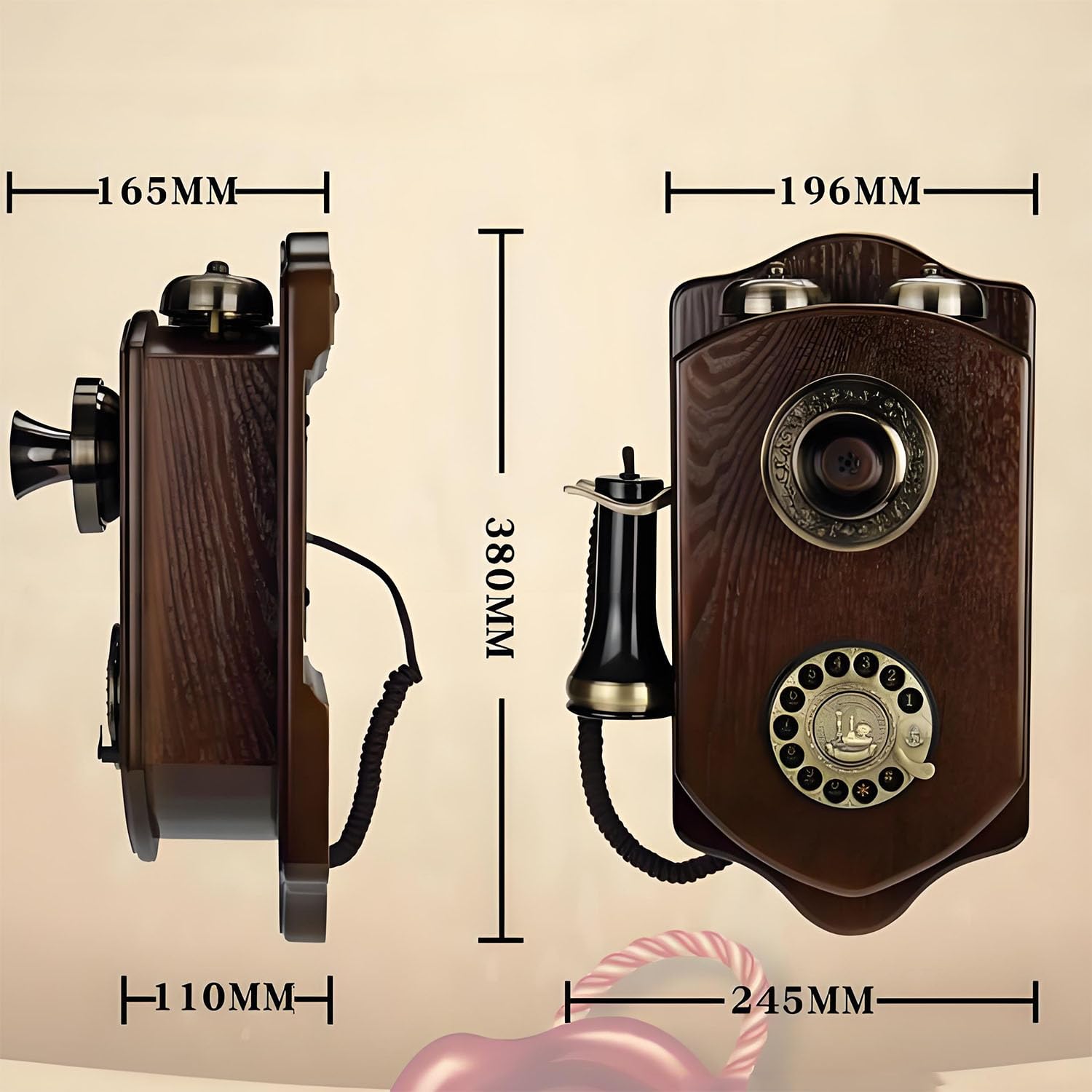 Naścienny telefon vintage – przewodowy design retro z tarczą ze stopu metalu i słuchawką w stylu antycznym do domu, biura, filmu i wystroju vintage