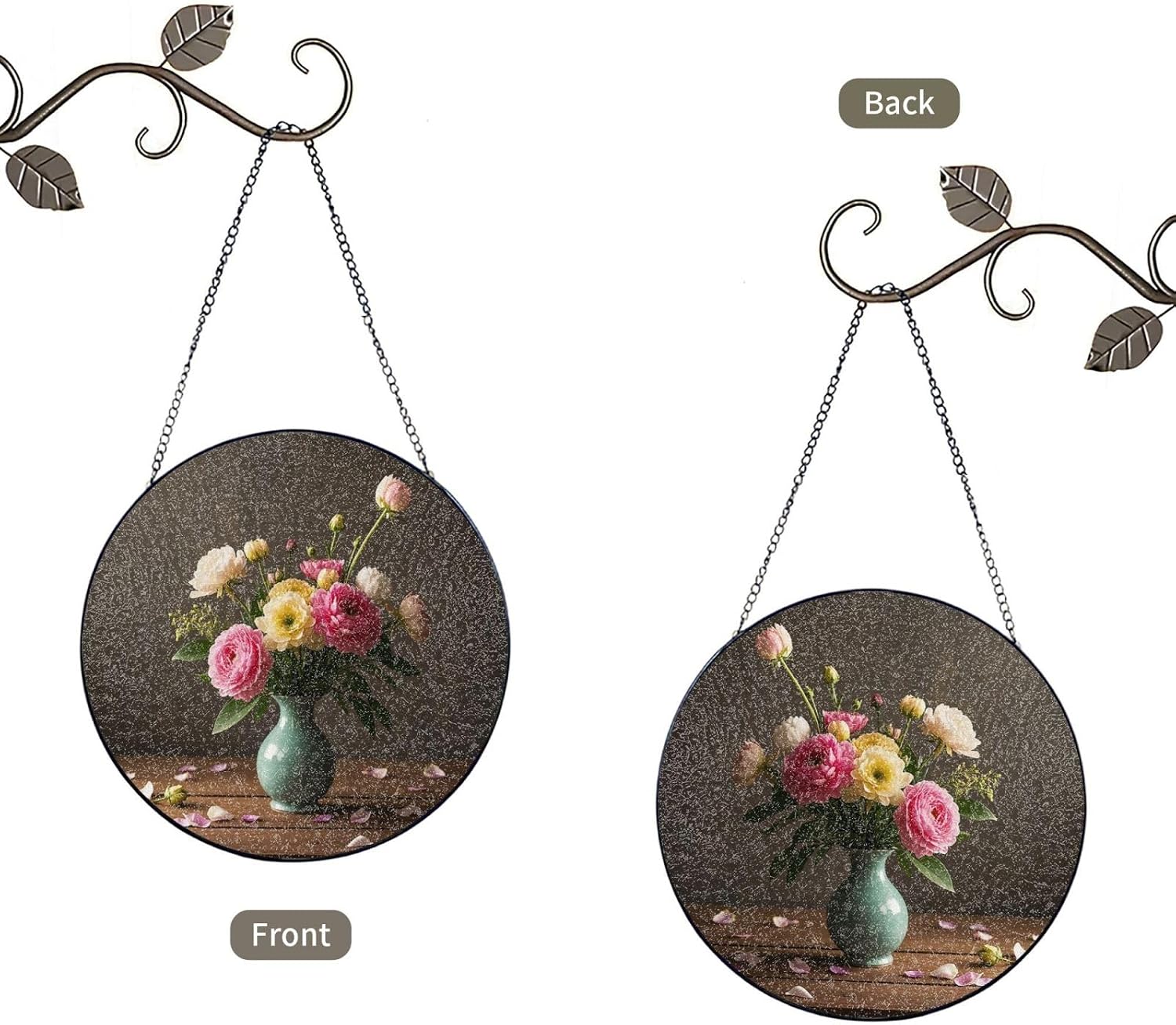 Stained Glass Window Hanging 12in Window Suncatcher Glass Panel with Metal Chain Bloom Vase Flower Sun Catchers Wall Art Home Decor Gift for Women Mother's Day