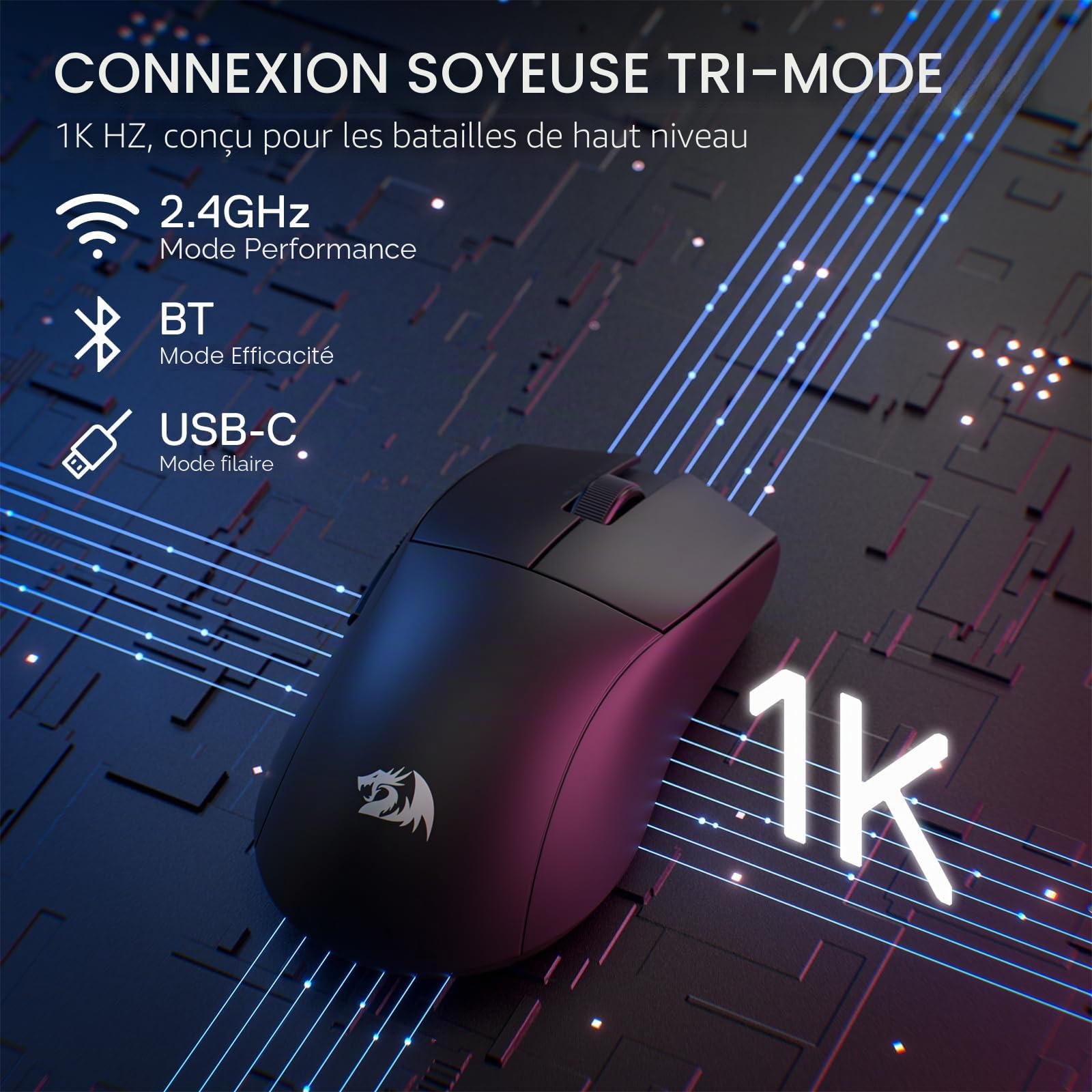 Redragon M916 Pro Souris sans Fil 3 Modes 49g 26000 DPI