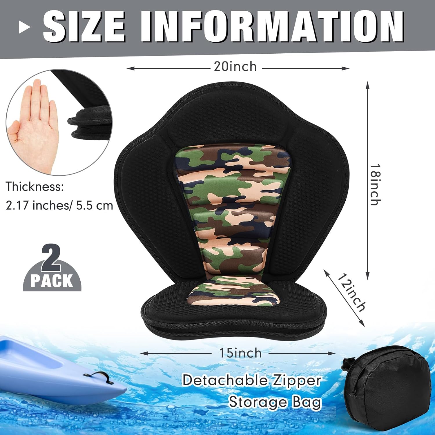 Lewtemi Thicken Kayak Seat with Support Canoe Paddle Board Seat with Detachable Storage Bag Adjustable Sit on Top Paddleboard Cushion for Kayaking Canoeing Rafting
