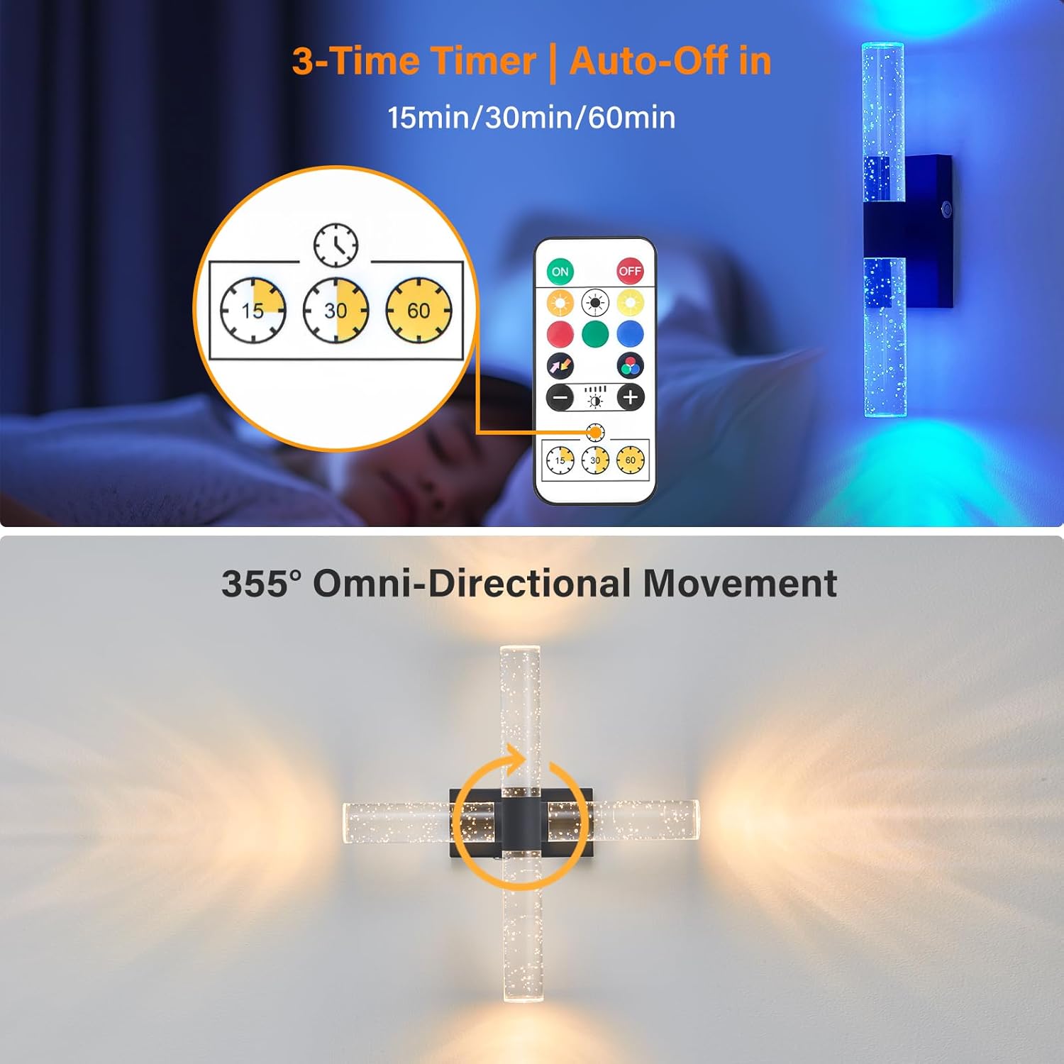 Battery Operated Wall Sconces Set of 2, Black Rechargeable Battery Powered Crystal Wall Sconce with Remote Control 3-Color Temps and RGB 10000mAh Dimmable sconces for Living Room, Bathroom