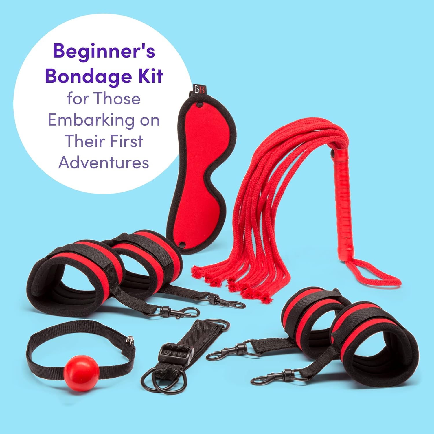 Lovehoney Bondage Boutique Red Hot Passion Bondage Kit - Includes Cuffs, Blindfold, Ball Gag, Rope Flogger & Strap - Beginner Sex Set for Couples - 6 Piece - Red/Black