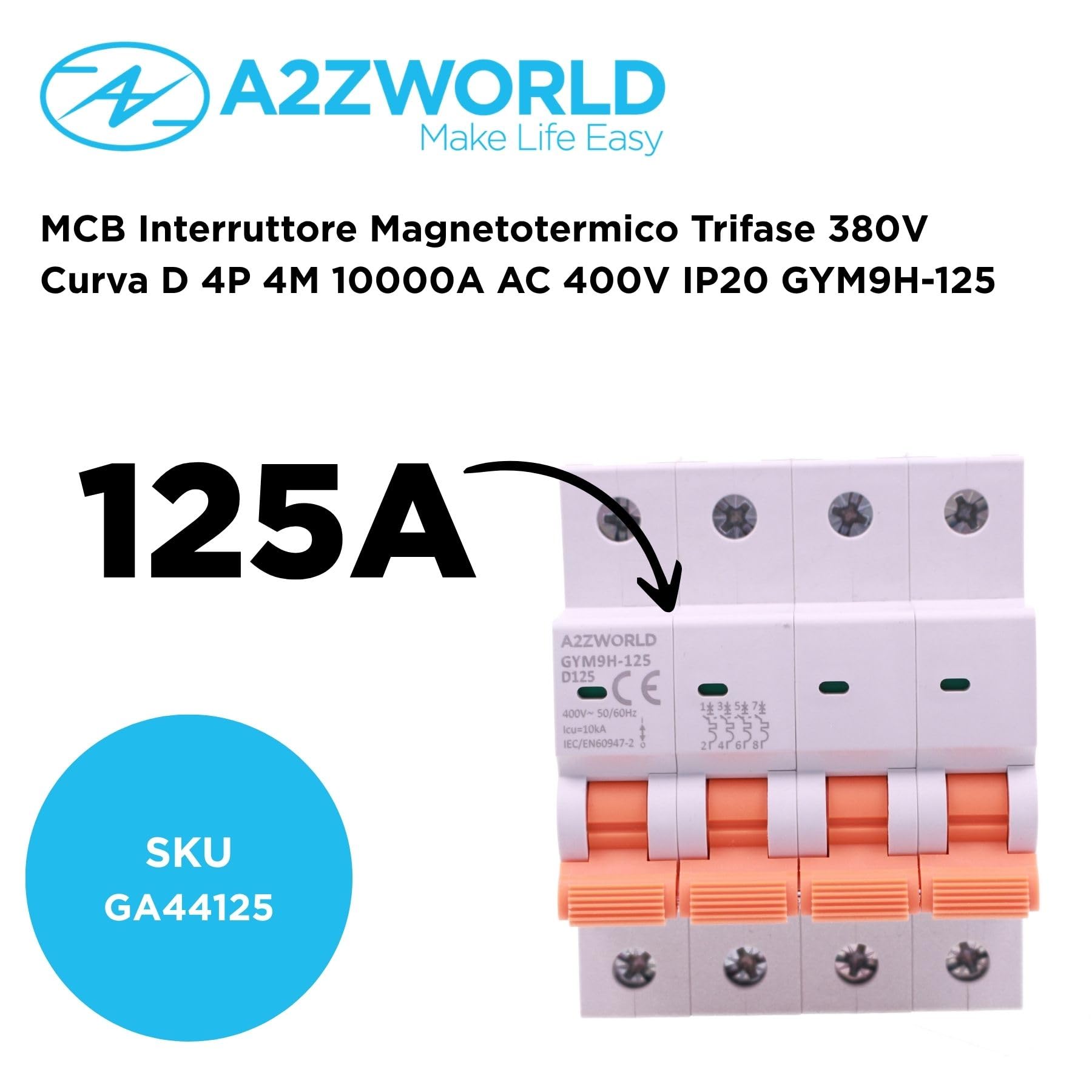4 interruptores magnetotérmicos trifásicos 4P 125 A D125, curva D 10 kA, 4 módulos DIN 380 V AC, certificado IEC60898-1, serie GYM9H-125 profesional