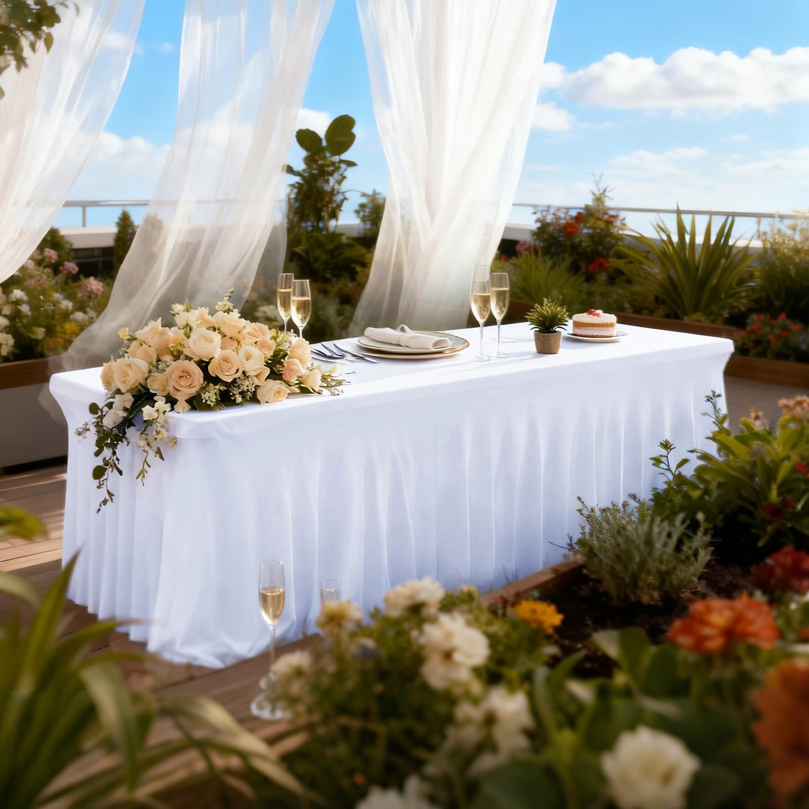 FAVE 2er Set Tischröcke für Rechteckige Tische 244 cm, Weiß | Tischdecken mit Passform für Party, Outdoor, Hochzeit und Bankett, Weiß, 76x244 cm