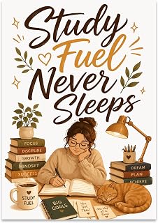 Student Desk Poster Print - Study Fuel Never Sleeps - 13x19 - Modern Library Decor