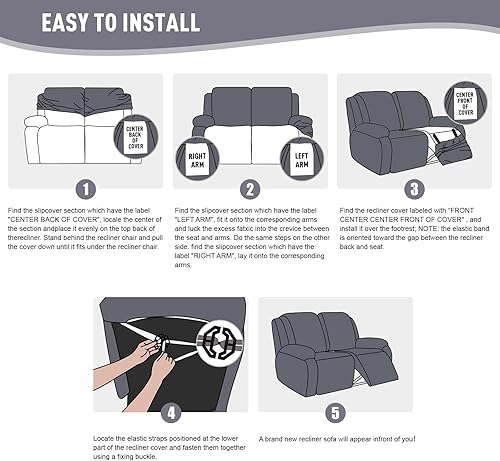 Vista 360 de KinCam Fundas para sillas reclinables, funda elástica y reclinable, fundas para sofá reclinable, fundas de sofá reclinable a rayas, fundas Gris