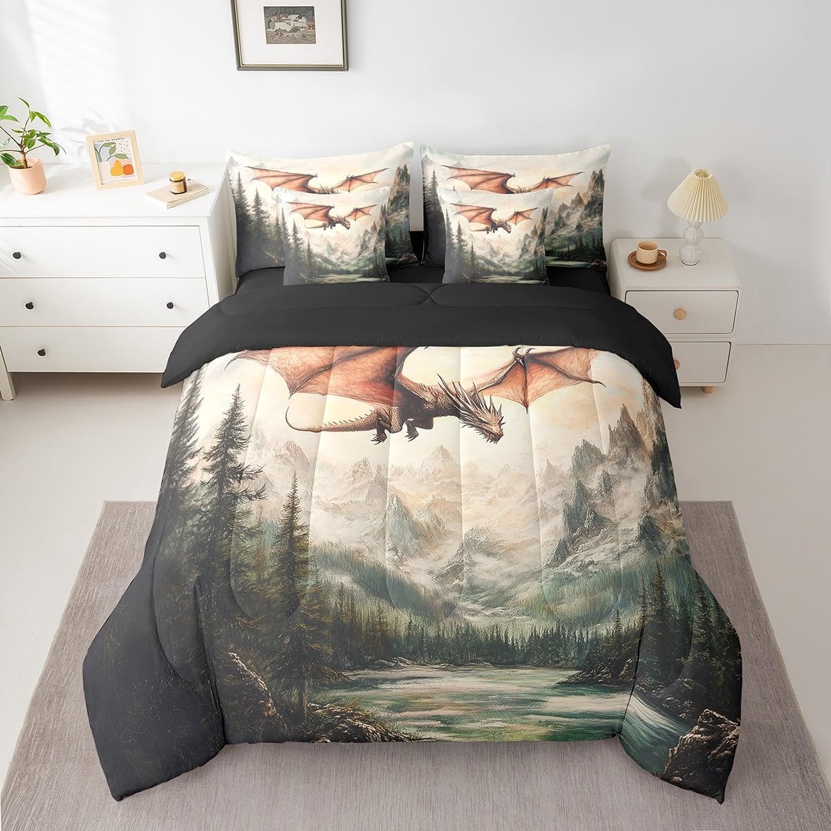 Castle Fairy Dragon Comforter Set for Room Decor,Natural Mountain Landscape Bedding Set Twin Size 7 Pcs,Magical Flying Wildlife Bed in a Bag with Comforter, Sheets, Pillowcases & Cushion Cover
