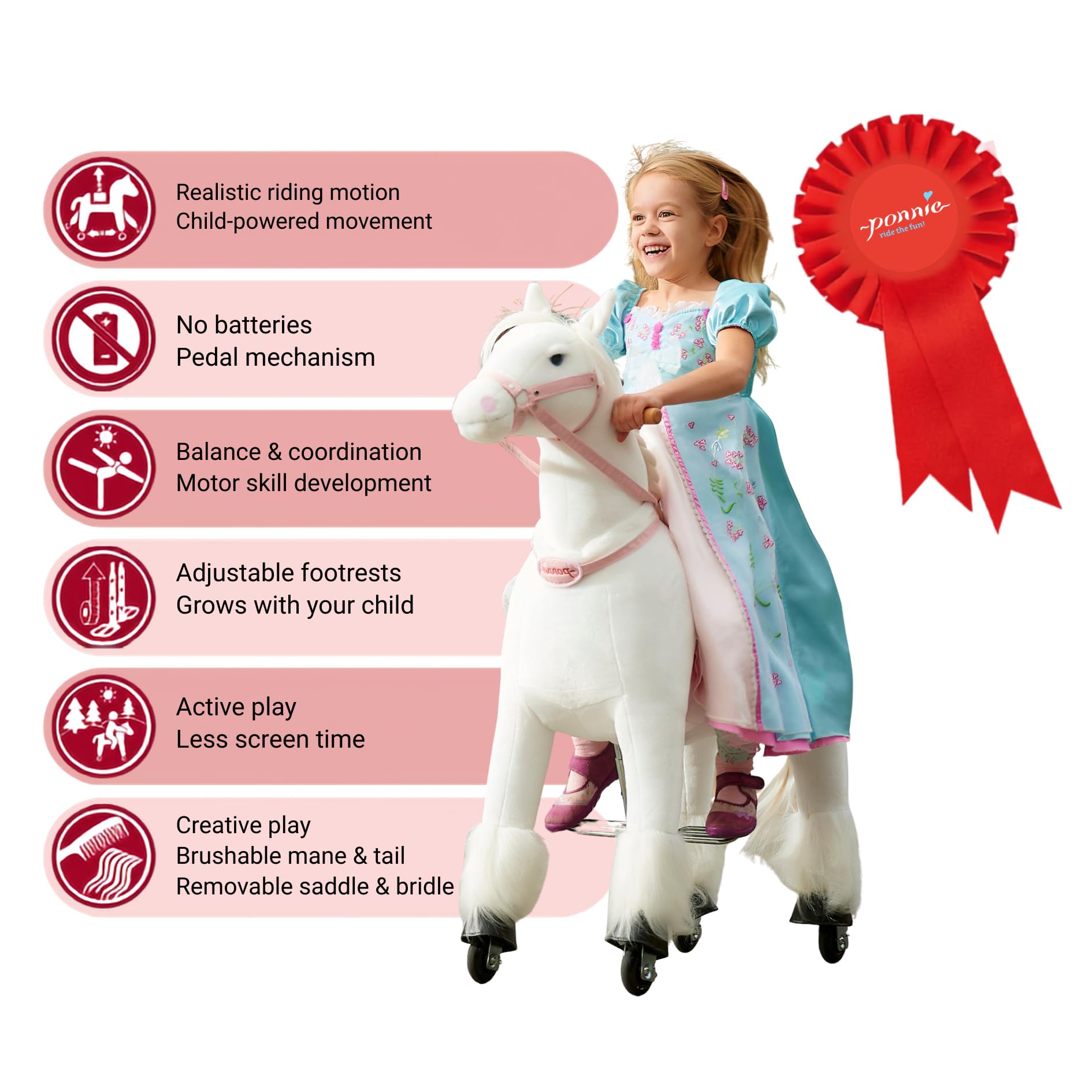 PONNIE Reitpferd mit Rollen Tiara M für Kinder 5-12 Jahre (50 kg) – Ohne Batterie – Mitwachsend Dank höhenverstellbarer Steigbügel – Kämmbar mit abnehmbarem rosa Sattel – Für drinnen&draußen – 107 cm