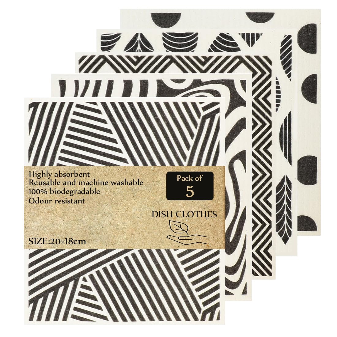 KMAKII Swedish Dishcloths-Black&White-Reusable Sponge Cleaning Cloths Absorbent Dish Cloth Biodegradable Dish Rags Nordic Kitchen Dishcloths for Kitchen and Cleaning(7.9x 7.1 inches,5 Pack)