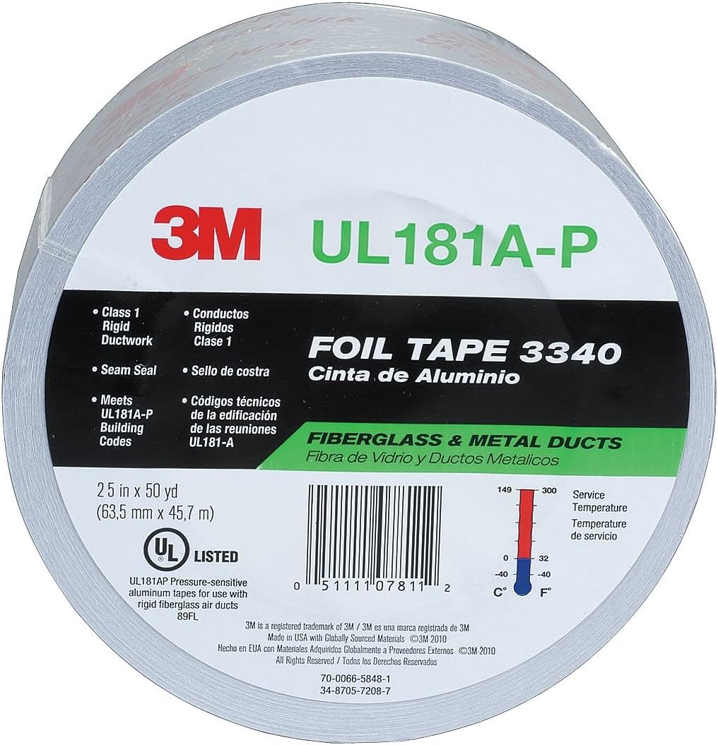 Aluminum Foil Tape 3340, 2.5" x 50 yd, 4.0 mil, Silver, HVAC, Sealing and Patching Hot and Cold Air Ducts, Fiberglass Duct Board, Insulation, Metal Repair