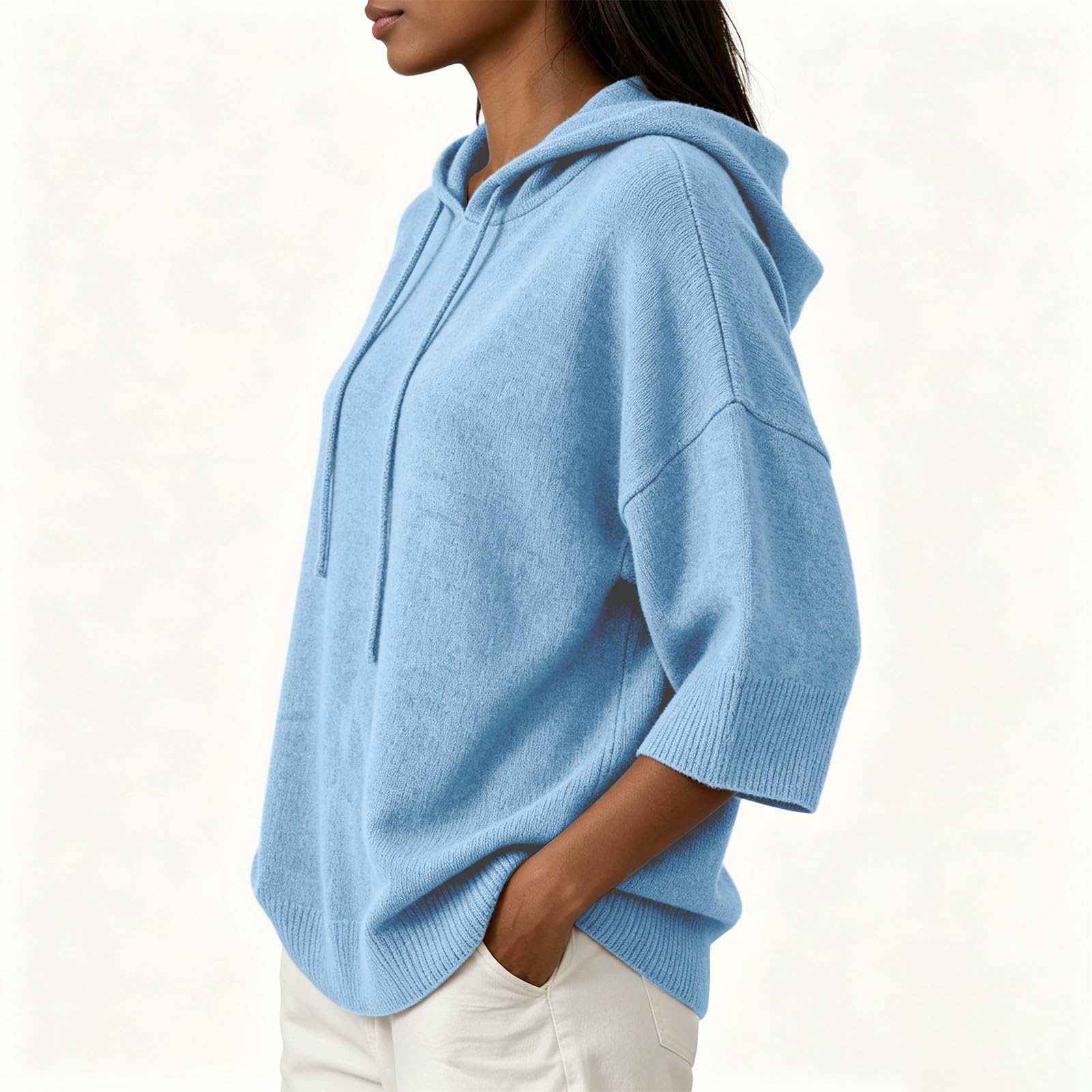 Generisch Hoodie Damen 3/4 Ärmel Strickhoodie Kapuzenpullover Sweatshirt locker Oversize Pullover Strickpullover mit Kapuze Herbst Winter Oberteil