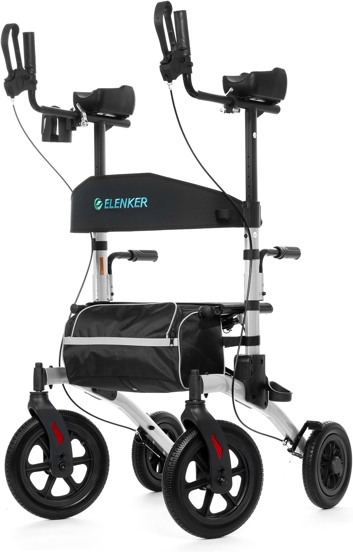 All-Terrain Upright Rollator Walker, Stand up Rolling Walker with Seat, 12” Non-Pneumatic Tire Wheels, Compact Folding Design for Seniors, Silver