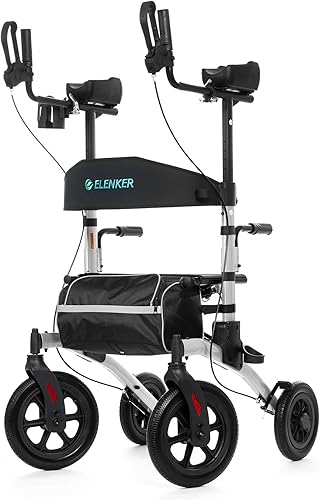 Miniatura 7 de ELENKER Andador Rollator Vertical Todo Terreno, Andador Rollator de Pie con Asiento, Ruedas No Neumáticas de 12", Diseño Plegable Compacto