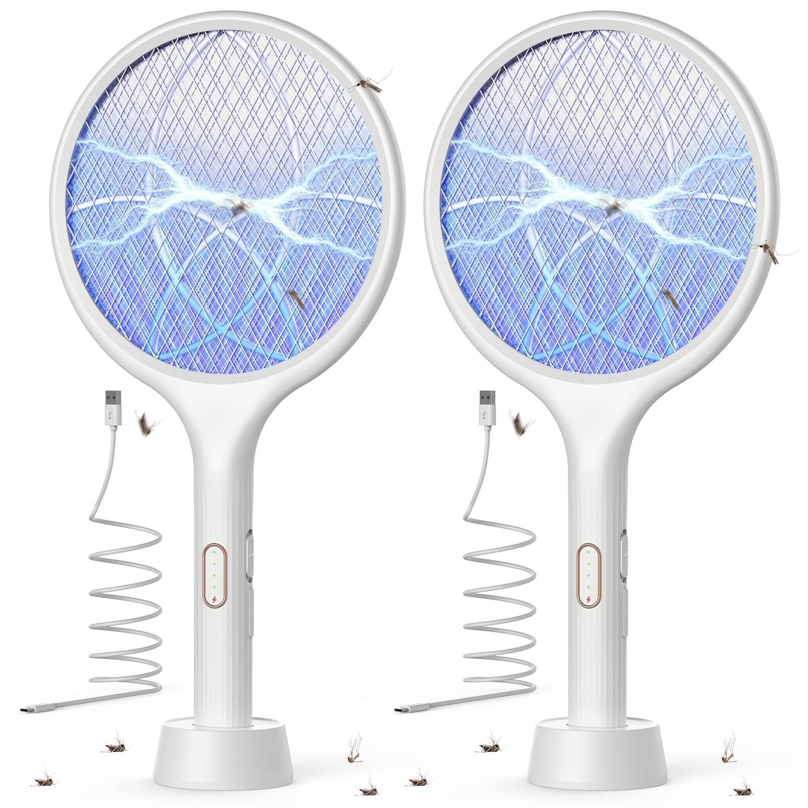 Electric Fly Swatter 4000V Bug Zapper Racket Mosquito Killer 1500 mAh 3 Layers Mesh with USB C Cable Stand Base for Indoor Outdoor(White 2 Pack)
