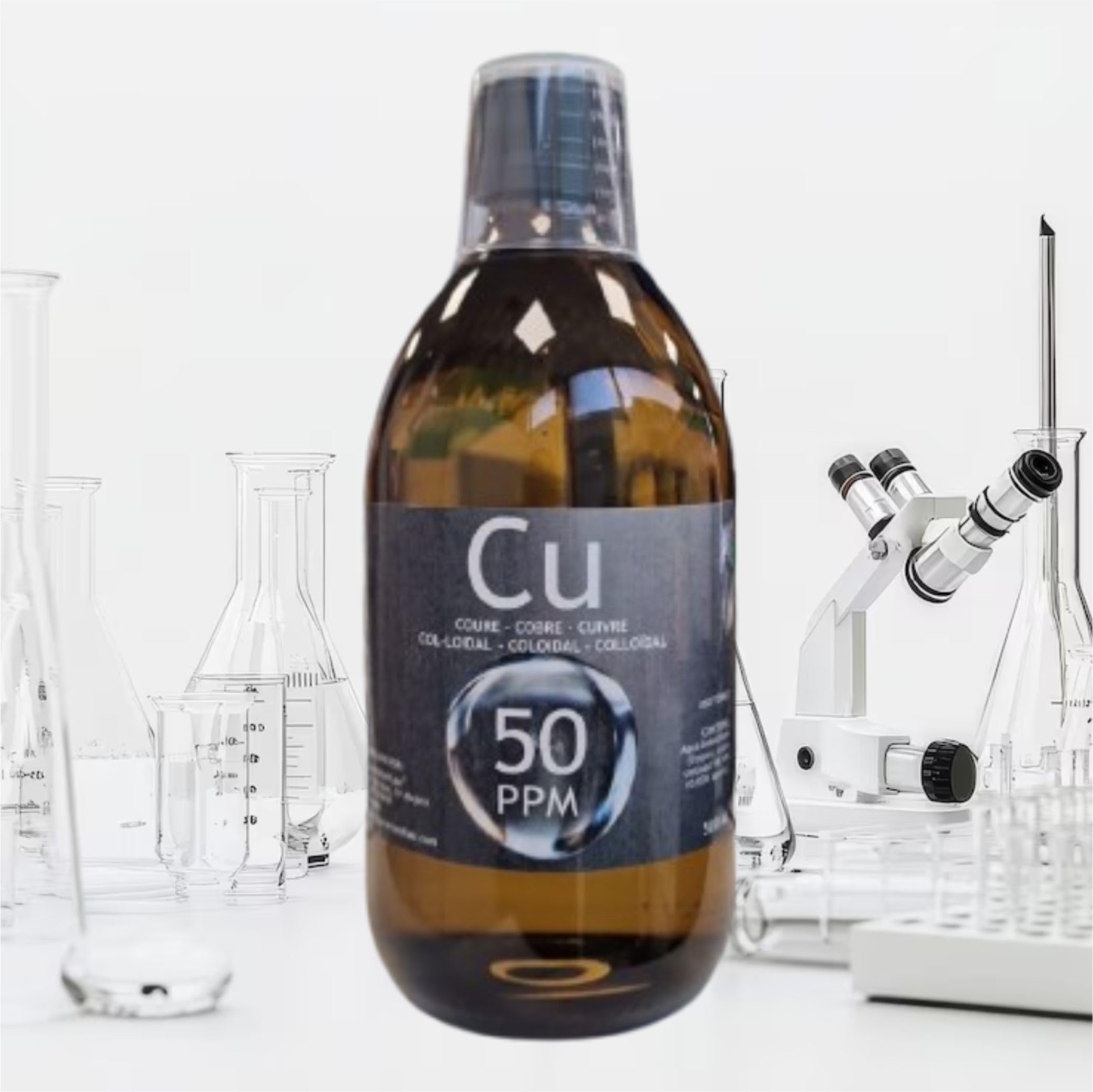 Cobre coloidal artesanal 50 PPM, 250 ml. Con certificado de autenticidad. ESNUTRIENTLAB. 99,99% de pureza.