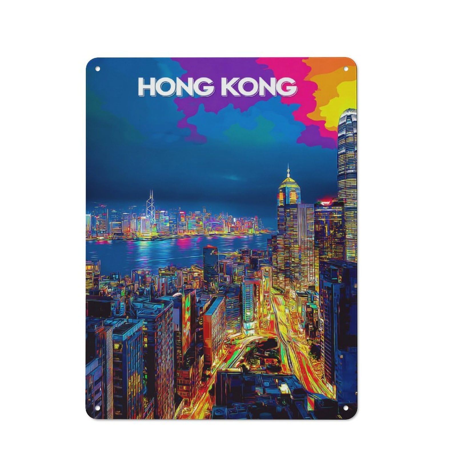 Junmoney Colorful Hong Kong Skyline -2 Vintage Bistro Metal Sign 40X30cm, Bistro Wall Plaque For Takeaway, Bar, Kitchen Or Counter Area