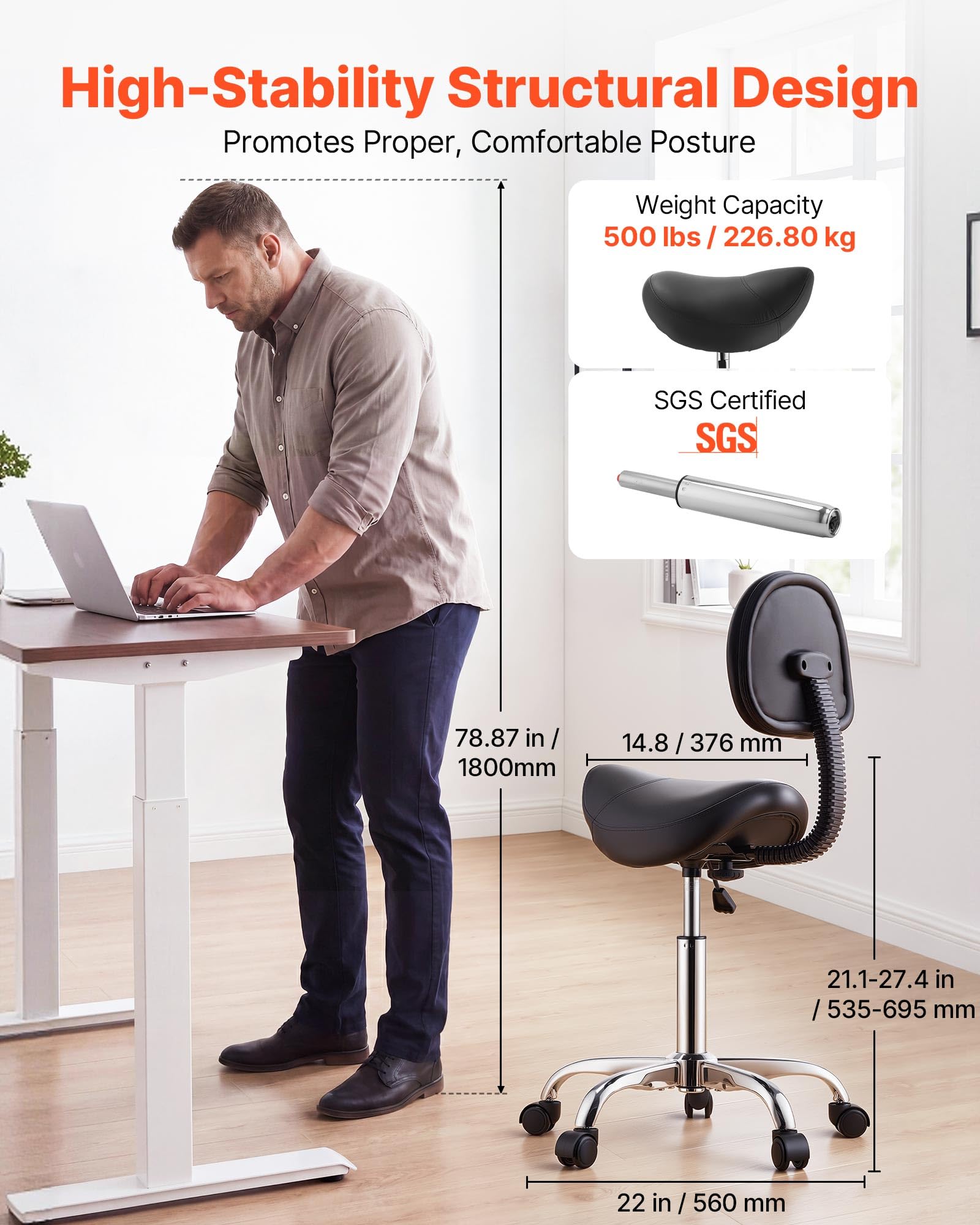 VEVOR Taburete Tipo Silla de Montar, Taburete Giratorio con Ruedas y Respaldo, Altura Ajustable de 53-69 cm, Capacidad de Carga 226,8 kg, Asiento Ergonómico, Silla para Oficina Estudio Clínica, Negro