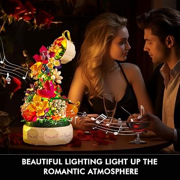 HOGOKIDS Flowers Music Box Building Set with Light for Adults Girls 6-12+ | Flower Botanicals Rotating Music Box Blocks Toy for Home Office Decor, DIY Craft Kits Birthday Gifts for Women Mom Kids