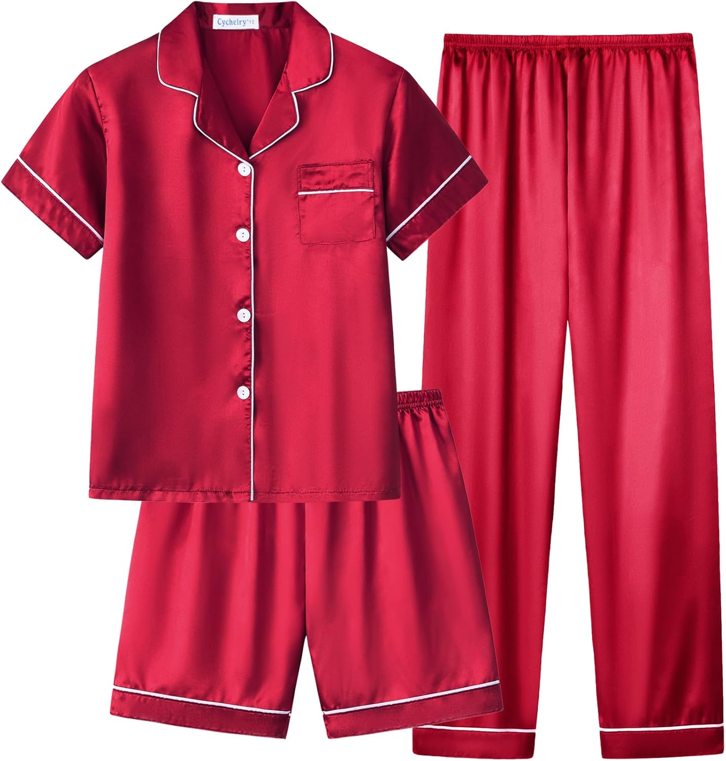 CYCHELRY Little Big Girls Satin Pajamas Summer Short Sleeve and Pants Button Down Silky PJS 3PCS Sleepwear Set Size 8-16