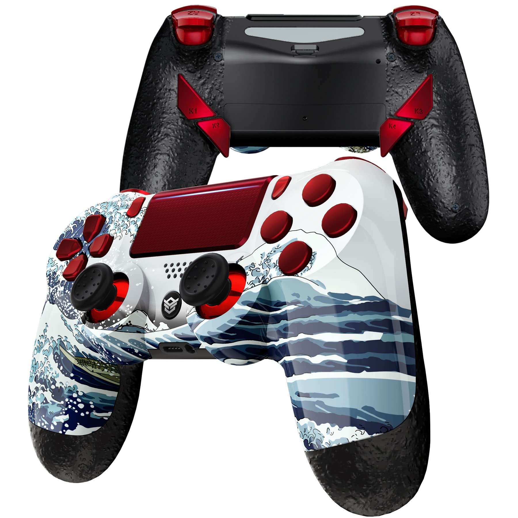 HexGaming HEX Edge Controller 4 Mappable Back Buttons & Replaceable Thumbsticks & Hair Trigger Compatible with ps4 Pro Custom Controller PC Wireless FPS Esport Gampad - The Great Wave Red