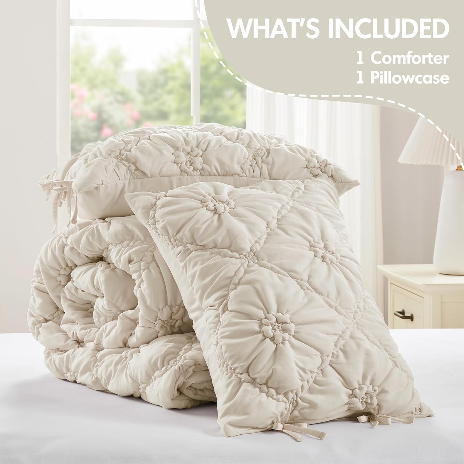 Intelligent Design Twin Comforter Set – Ivory Lily Puffy Floral Shabby Chic Boho Bedding for Girls, Ultra-Soft, Lightweight & All-Season, Twin