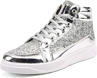 Glitzer Sneaker Damen Herren Silber Metallic Pailletten Schuhe Plateau Sneaker Leichte Atmungsaktiv Laufschuhe Stoffschuhe Turnschuhe Glitzerschuhe Paar Hochzeit Karneval Rosenmontag Faschingskostüme