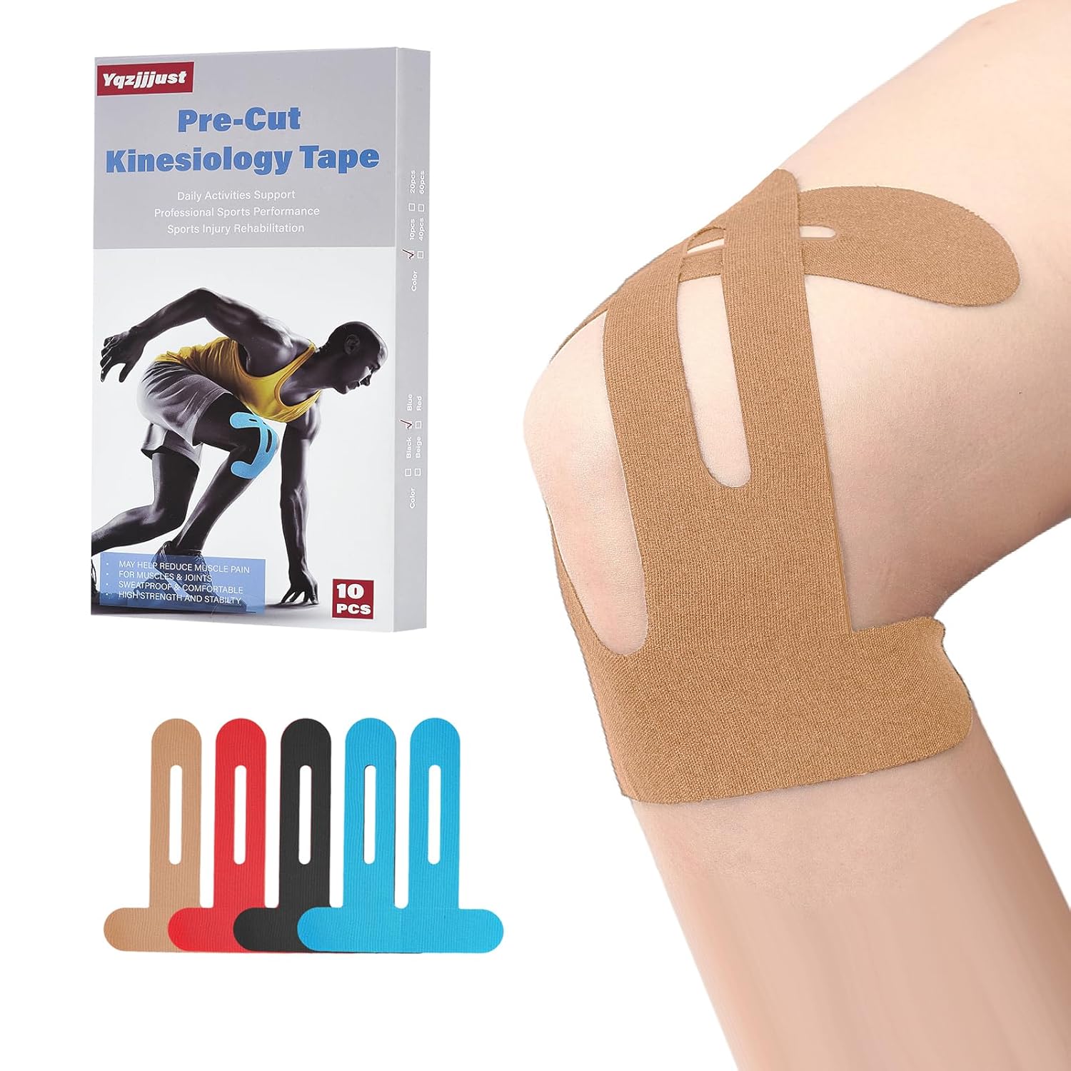 10 PCS Waterproof Kinesiology Tape for Shoulders/Knees,Precut Strips for Knee Pain Relief & Stability Support, Elastic Strong Adhesive Athletic Tape, Latex-Free Hypoallergenic...