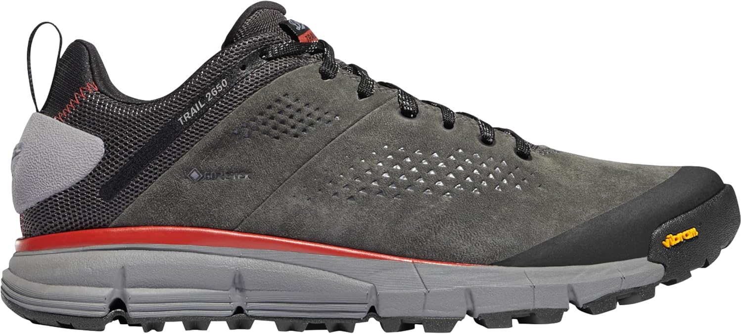 Danner Trail 2650 3” Waterproof Hiking Shoes for Men - Durable Leather & Textile Upper with Breathable Gore-Tex Lining and Vibram Traction Outsole, Dark Gray/Brick Red - 9D