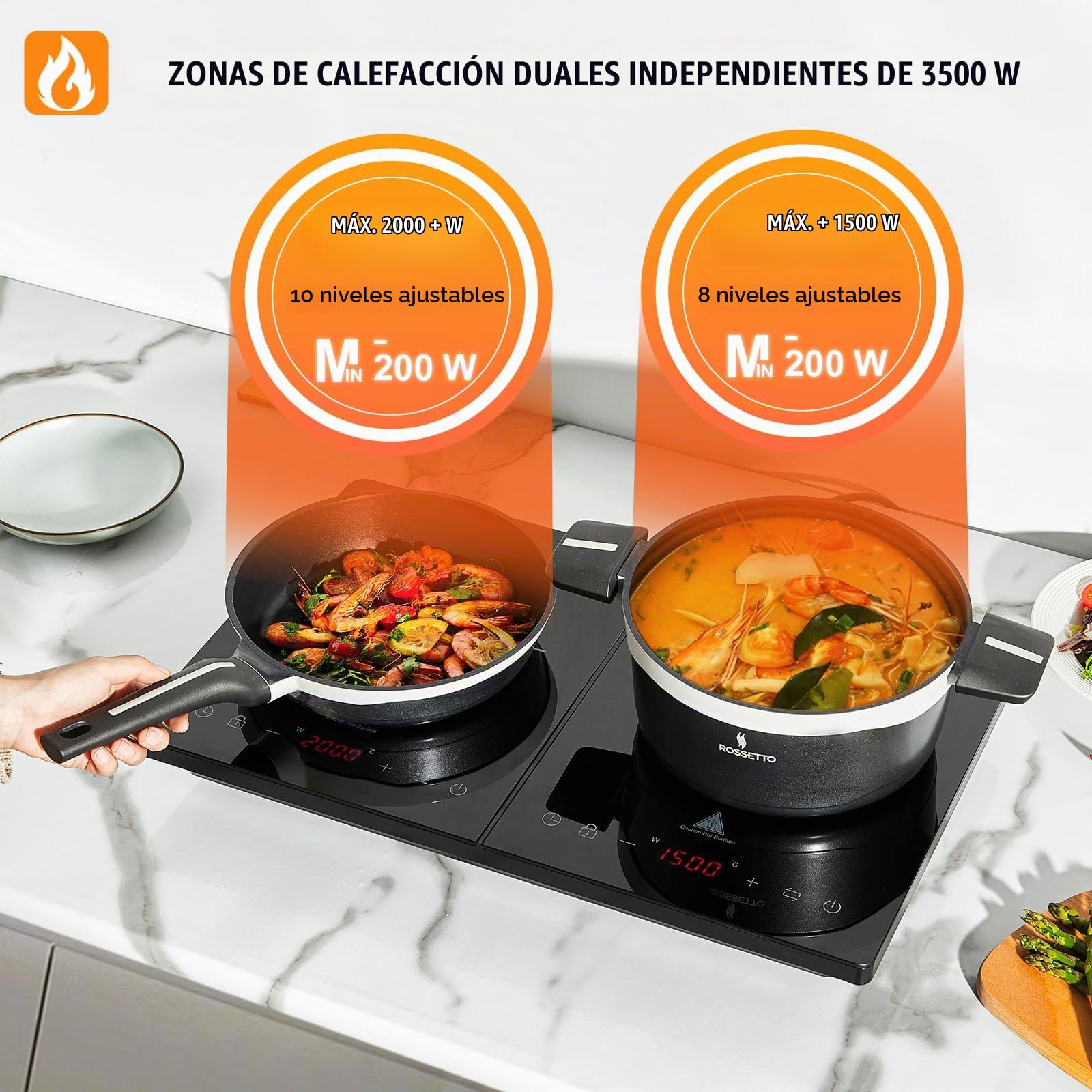 Placa de inducción doble de 3500W con 2 zonas independientes de cocción, 10 niveles de temperatura y potencia ajustables, temporizador de 3 horas y panel de vidrio negro de cristal