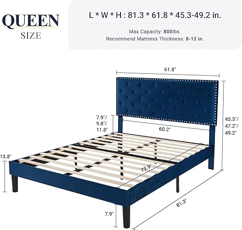 Miniatura 58 de Allewie Base de cama tapizada de terciopelo de tamaño matrimonial con botón de diamante ajustable y cabecera con ribete de clavos, soporte de Azul