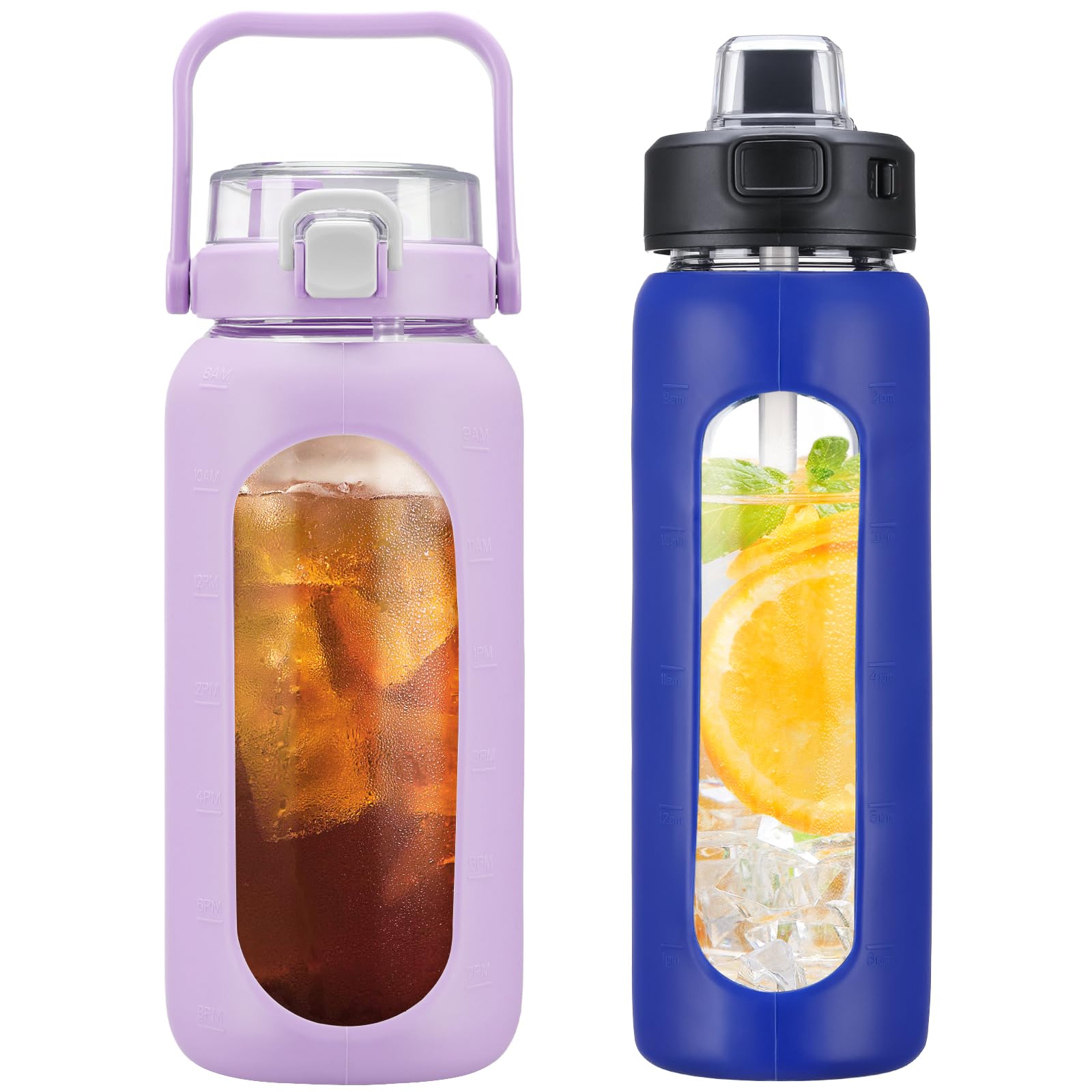 BLUEGO64oz + 24oz Glass Water Bottles with Straw Time Marker Half Gallon Large Motivational Water Bottle with Silicone Sleeve 2 Liter Large Glass Water Jug for Gym, Sports& Workout, Daily