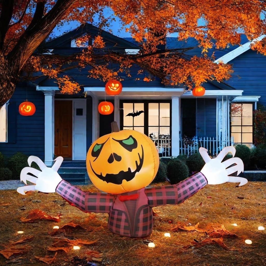 7.6 FT Long Halloween Inflatables Pumpkin Head Man Indoor/Outdoor Decorations, Blow Up Pumpkin Head Man with Built-in LED Lights for Outdoor Yard Garden Lawn Party Decor Fright Décor