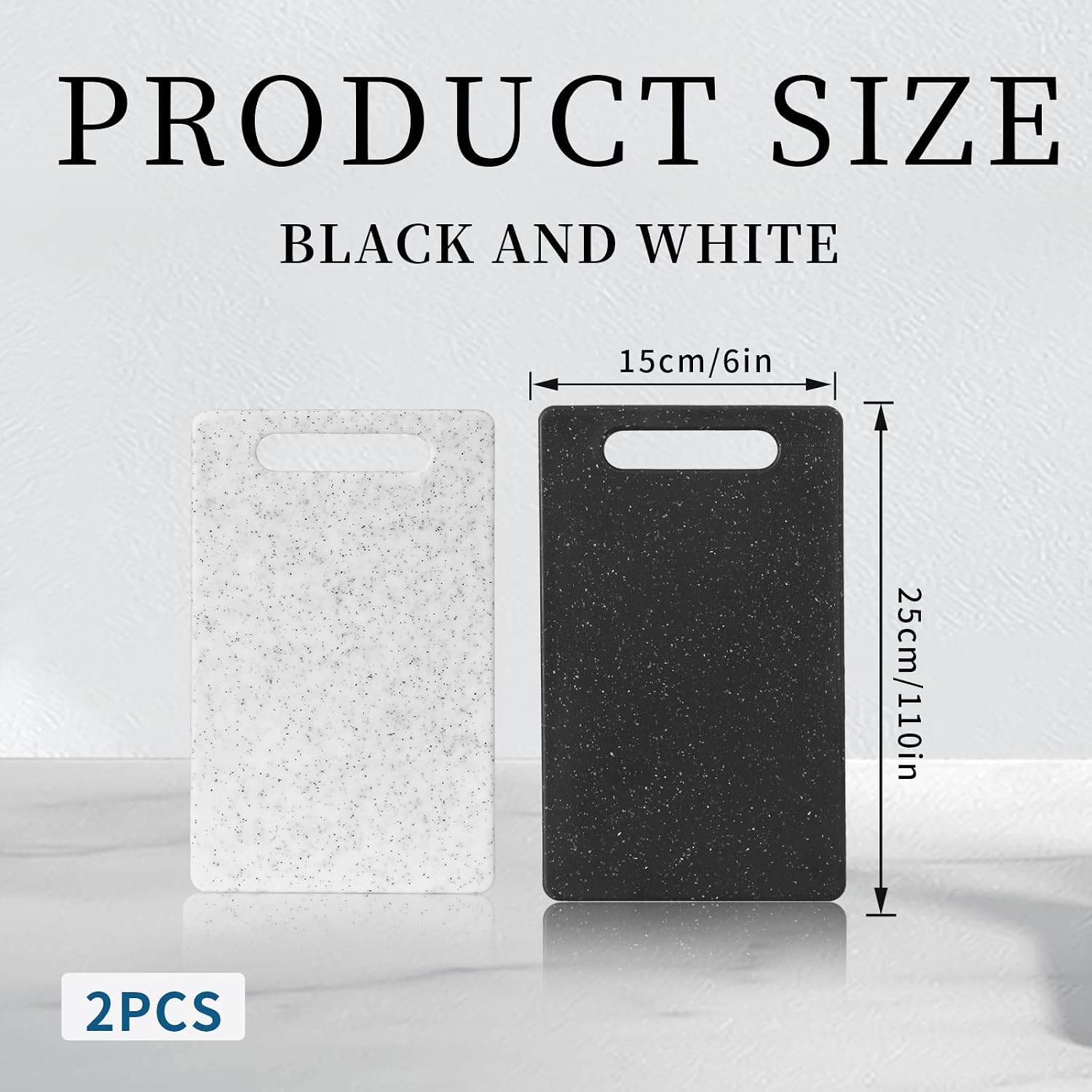 2 Pcs mini plastic cutting boards for the kitchen, in granite color, are suitable for food preparation, fruit and vegetable cutting.They feature an easy-to-hold design （6" x 10"，White+Black)