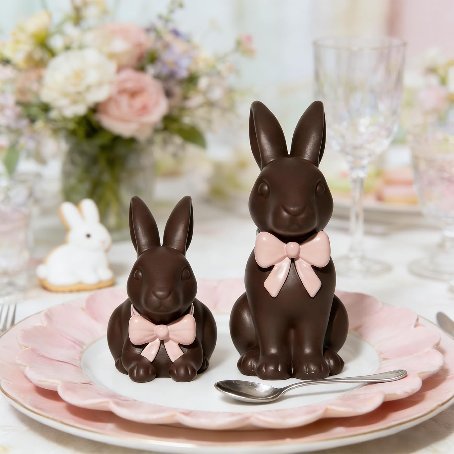 dn deconation easter decorations bunny figurines set with pink bow, chocolate easter bunny decor for brown rabbit statues farmhouse home decor, resin tabletop sculptures for coffee table indoor brown and pink 2 bunny