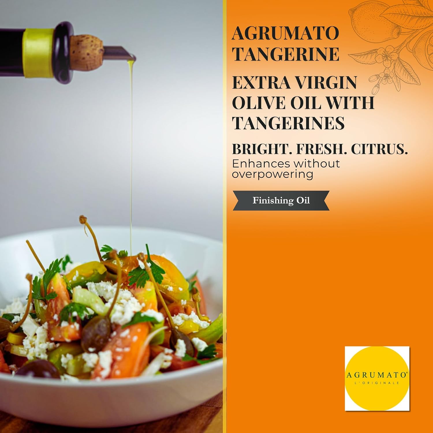 Agrumato Tangerine Olive Oil, Cold Pressed Italian Extra Virgin with Fresh Citrus Peel, Small Batch Gourmet Finishing Oil for Salads Seafood Pasta Cooking, 6.76 Fl Oz