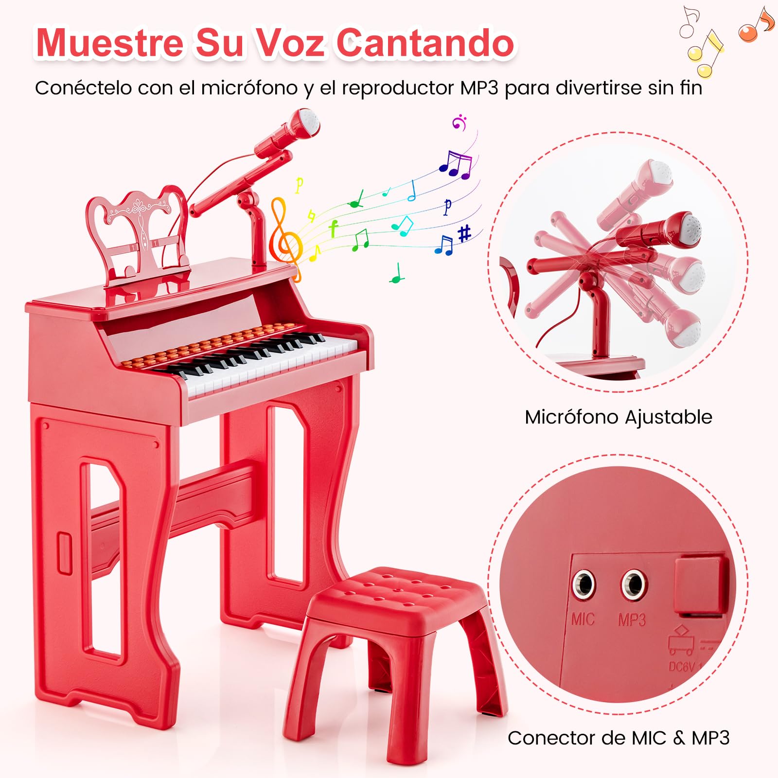 RELAX4LIFE Piano Infantil 37 Teclas con Micrófono Ajustable, Atril Extraíble, Taburete, Funciones de Grabación y Reproducción, 22 Canciones, 8 Ritmos, 8 Instrumentos y MP3 para Niños 3+ Años (Rojo)