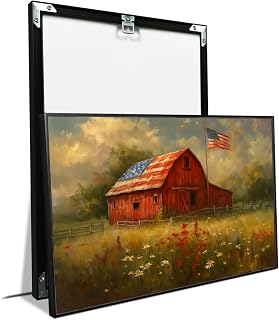 Vibrant rural landscape canvas painting featuring a rustic red barn with an American flag pattern on the sloping roof. Flagpole embellishment for patriotic home bedroom living room decor artwork
