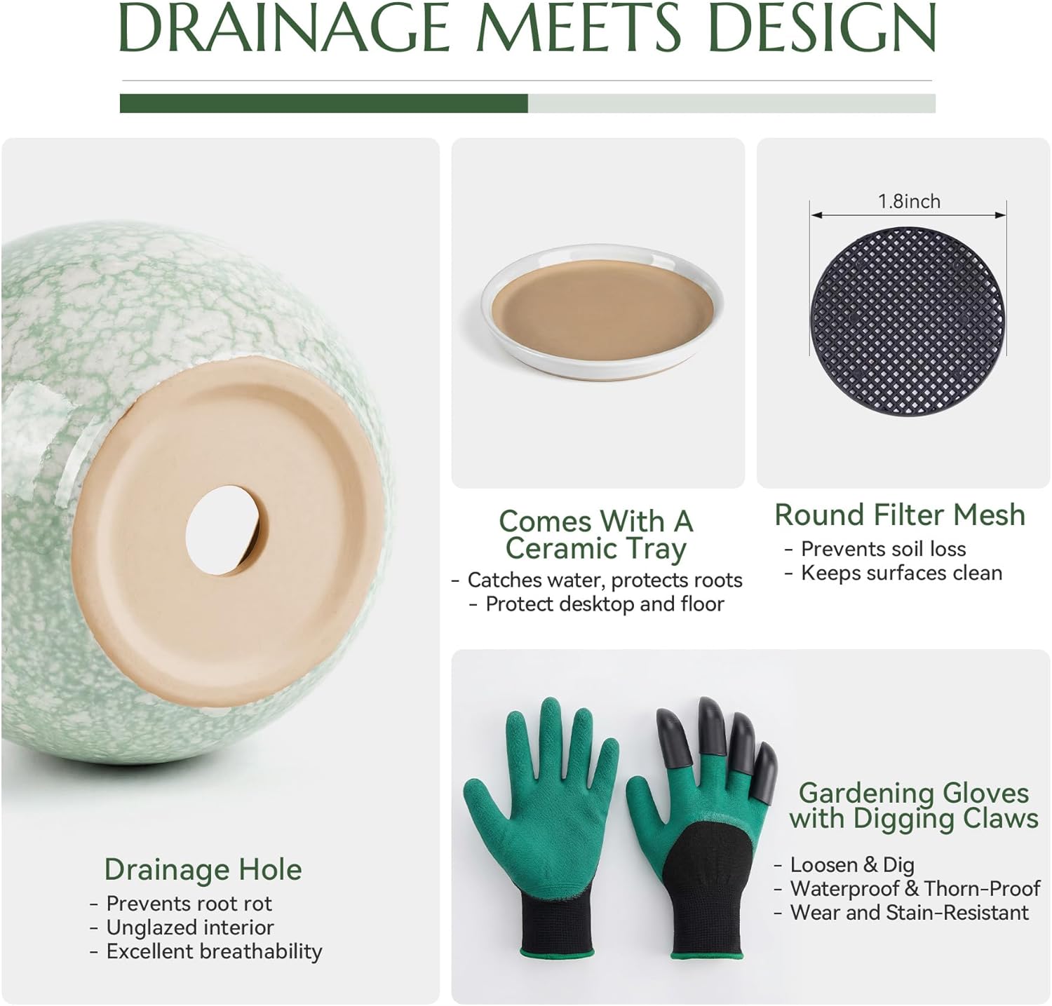 8.3 Inch Ceramic Planter with Saucer Leak-Proof Mesh &Drainage, Round Plant Pot with Gardening Gloves for Indoor Outdoor Plants (Jade Green)