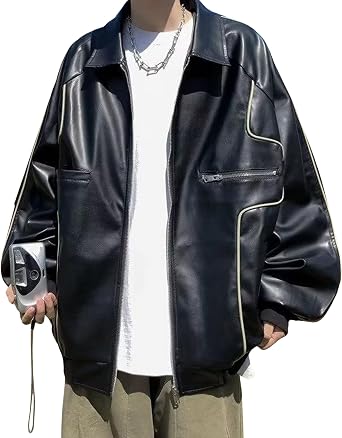 Men Lapel Oversized Leather Jacket Lapel Zipper Leather Motorcycle Jacket Vintage Baggy Bomber Leather Jacket