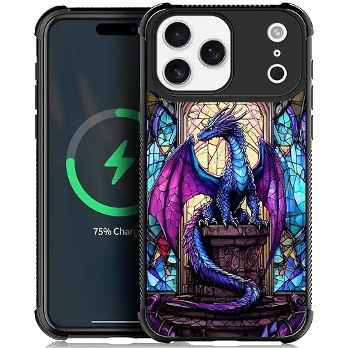WANKBLC Compatible with iPhone 17 Pro Max 18 Pro Max Magnetic Charge Case Shockproof Protective for Man Women Non-Slip Crazy Pattern Stained Glass Blue Purple Diamond Dragon - Stained Glass Blue Purple Diamond Dragon - iPhone 17 Pro Max/iPhone 18 Pro Max