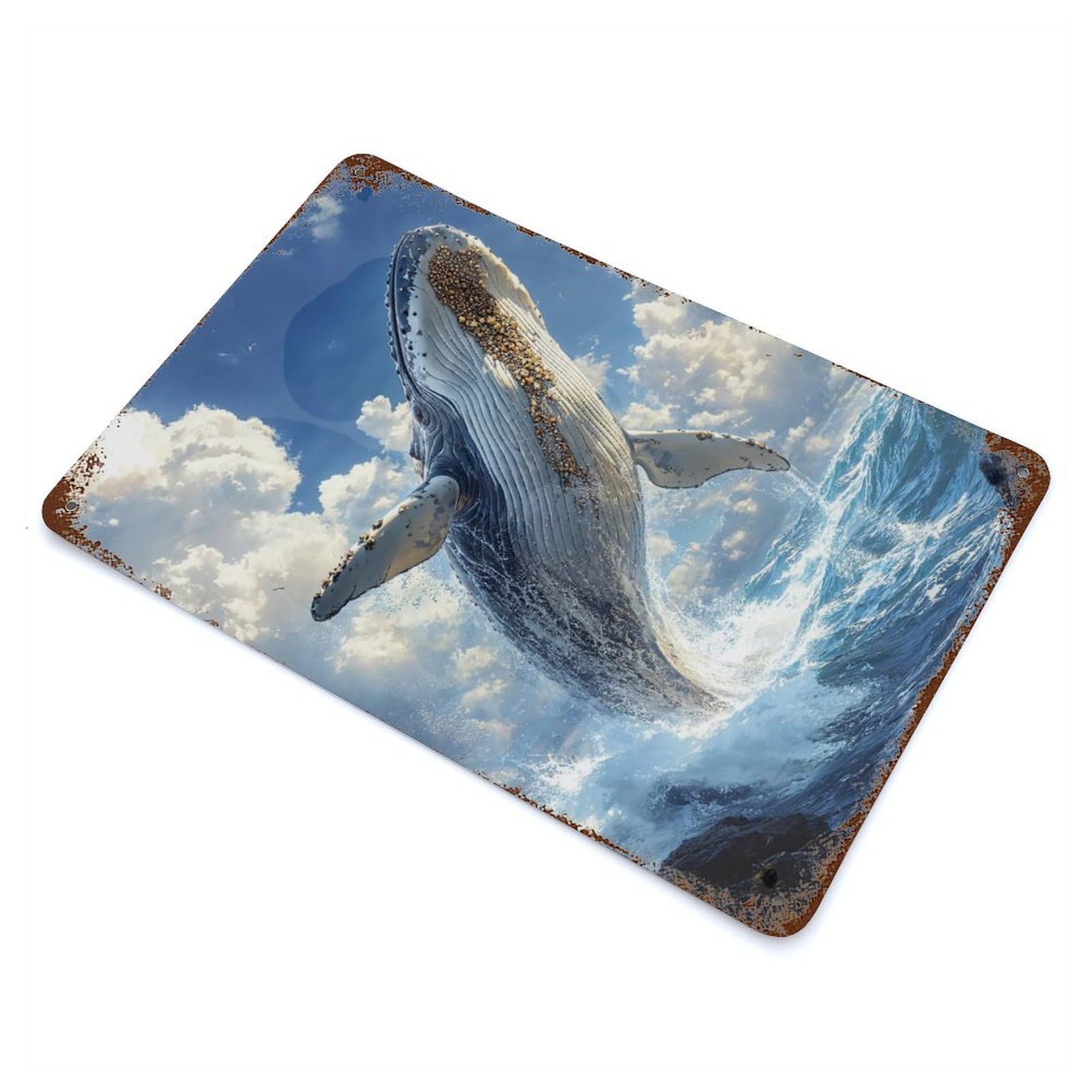 Aged Metal Wall Plaque with Humpback Whale Leap Design 11.8"x7.9", for Basement, Hobby Room And Garage Decor, Farmhouse Wall Decor
