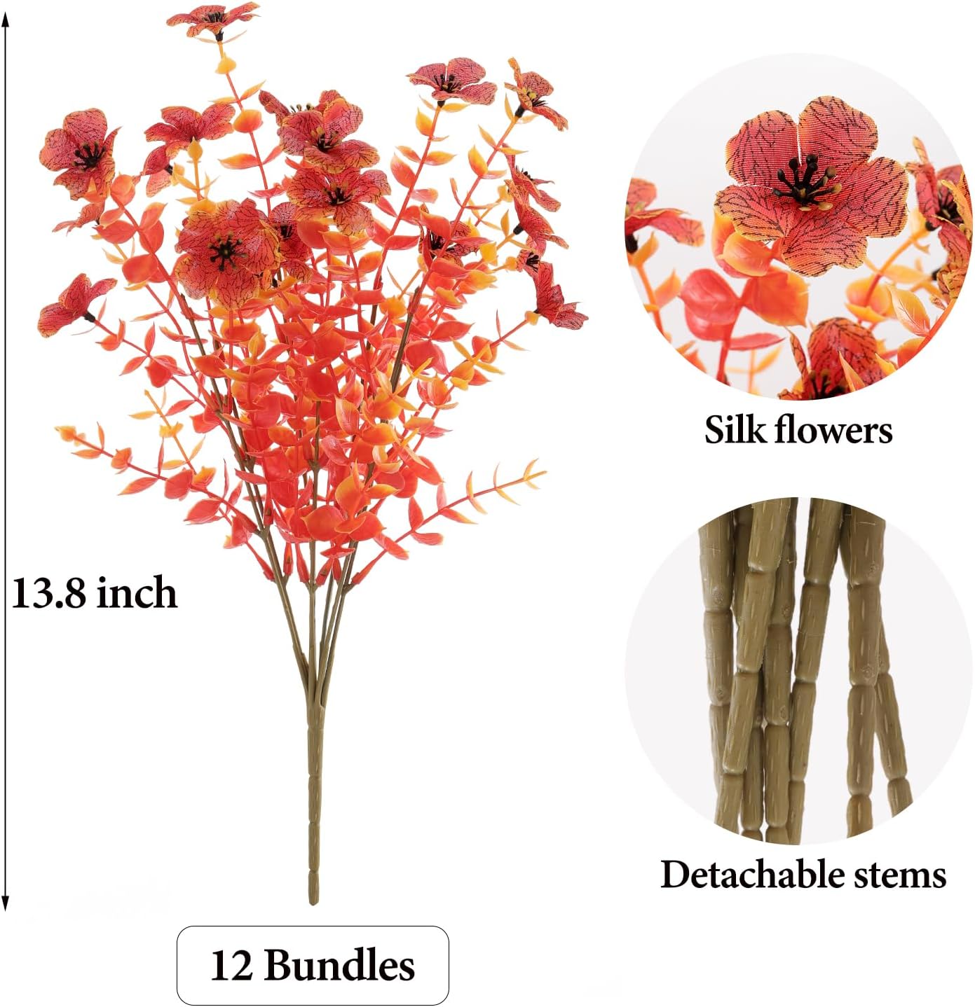 Artificial Fall Flowers Outdoor UV Resistant Fake Mums Bulk Outdoor Faux Mums Plants Plastic Flower Decorations for Home Garden Porch Hanging Planter Vase Autumn Decor Outside, 12 Bundles (Orange) - Image 2