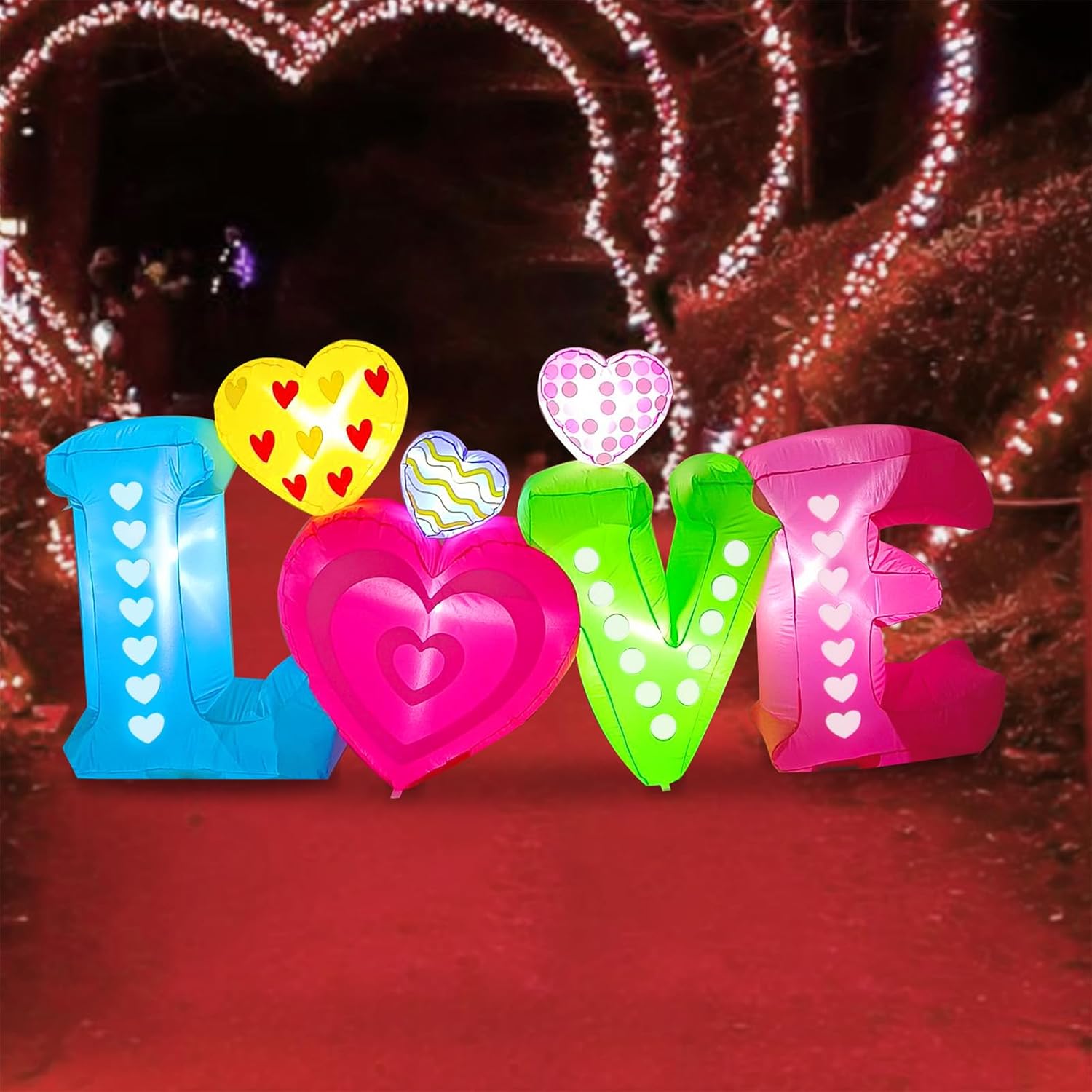5.1FT Valentines Inflatables Bear Hold Gift with Rose & Red Heart Decoration, Blow up Bear Inflatable Rose Built-in LEDs for Valentine Day Inflatable Outdoor Decoration Anniversary Wedding Yard Decor