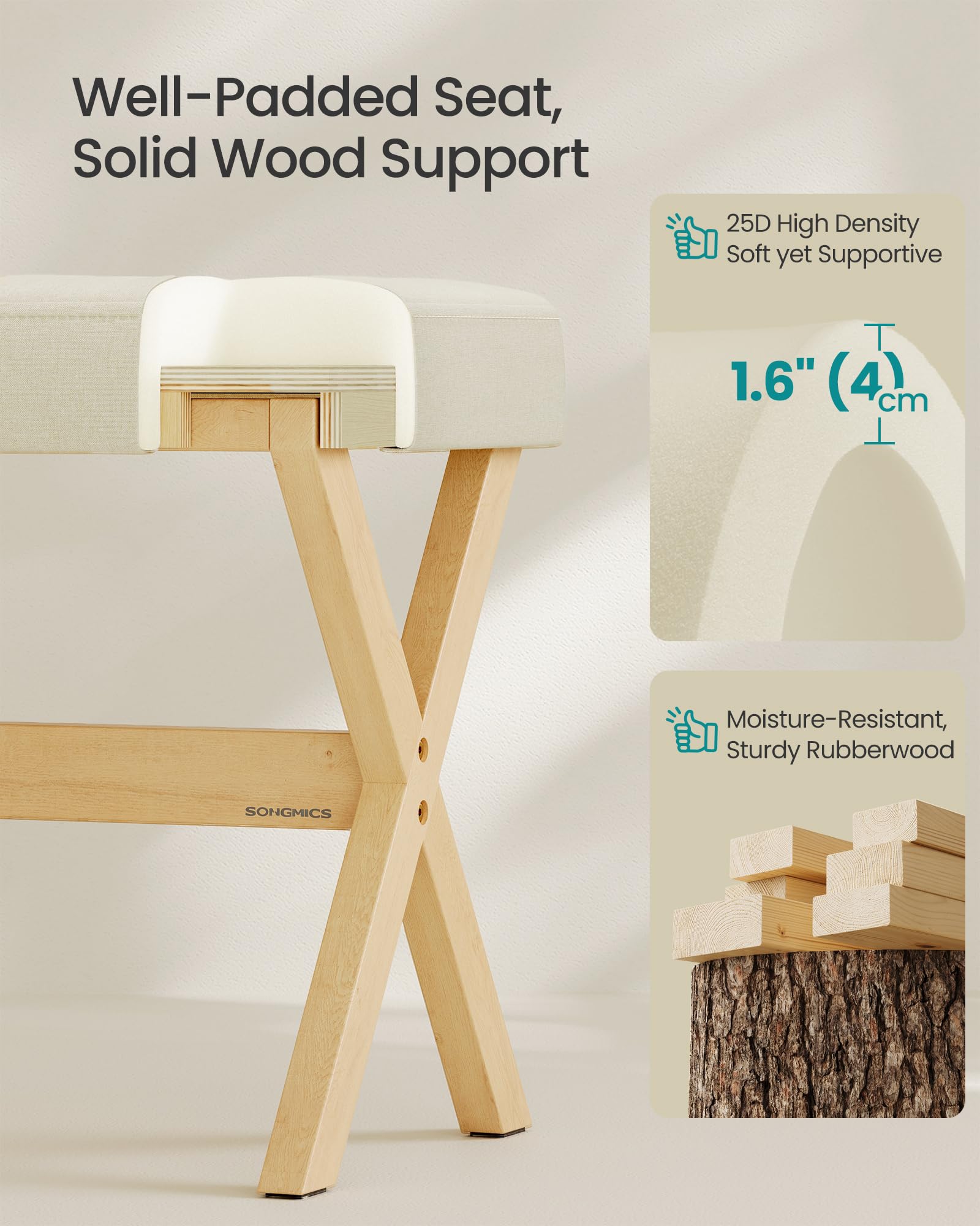 SONGMICS Makeup Stool, Padded Vanity Stool, Foot Rest, Solid Wood X Legs, for Bedroom, Closet, Entryway, 12.6 x 16.5 x 18.1 Inches, Summer Sand and Natural Beige ULSF006LF02 - 5