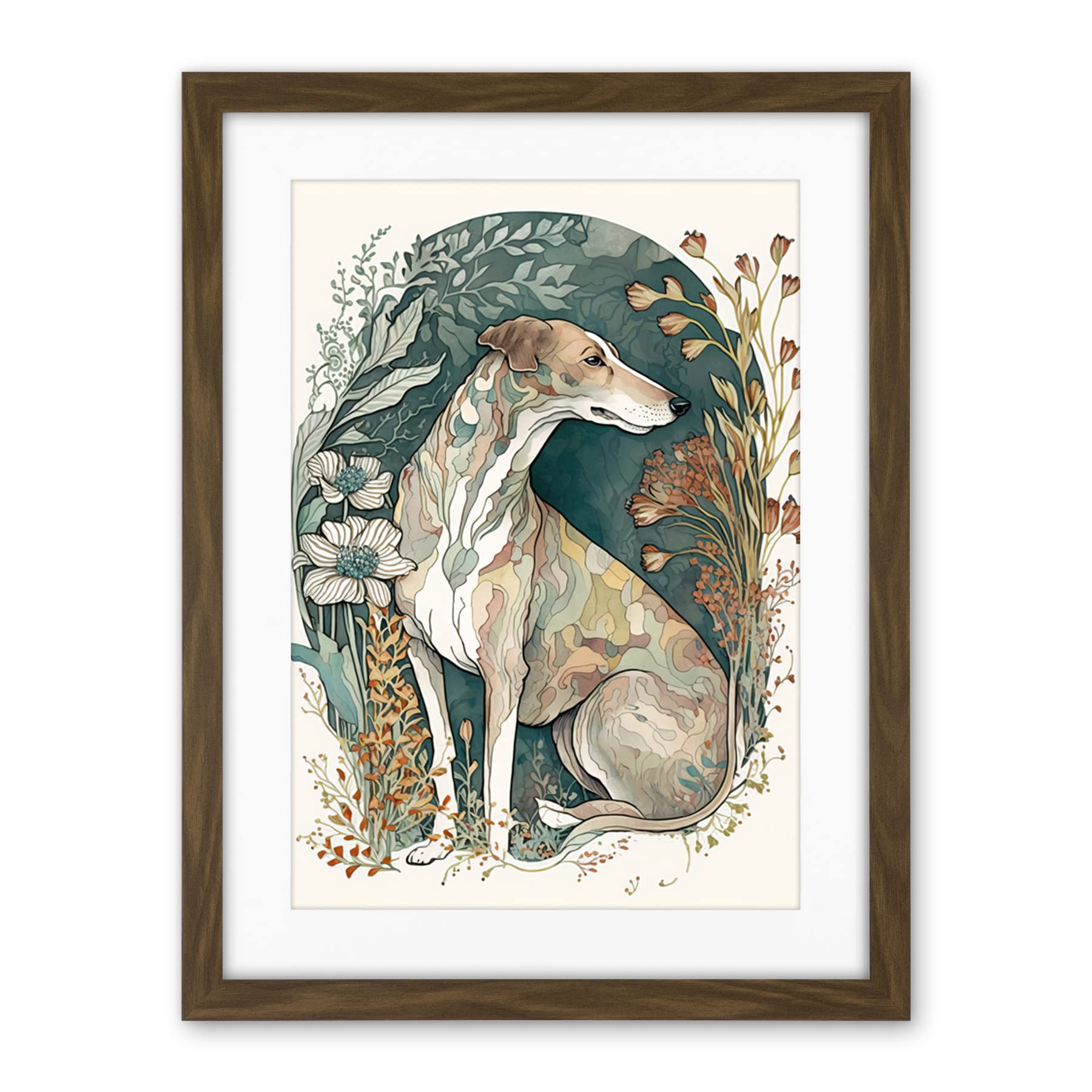 Artery8 Greyhound Dog in Flower Field Modern Pastel Boho Watercolour Illustration Artwork Framed Wall Art Print 18X24 Inch
