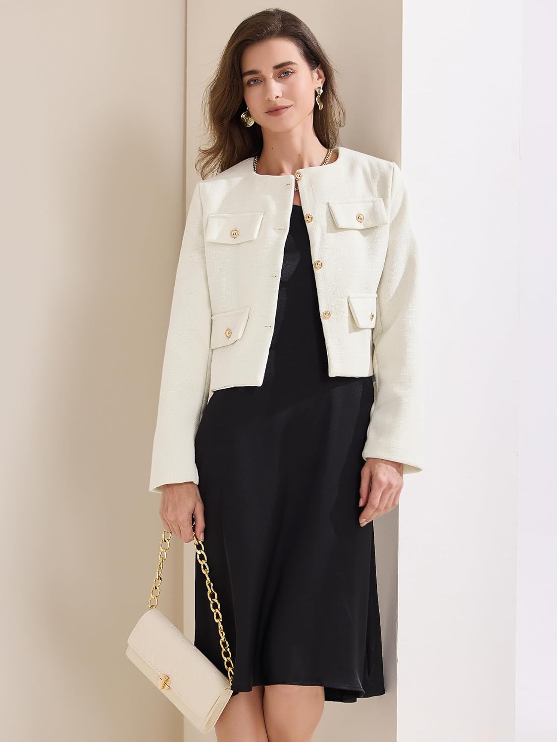 Allegra K Women's Cropped Blazer Jacket Long Sleeve Button Down Spring Fall Work Business Tweed Blazers