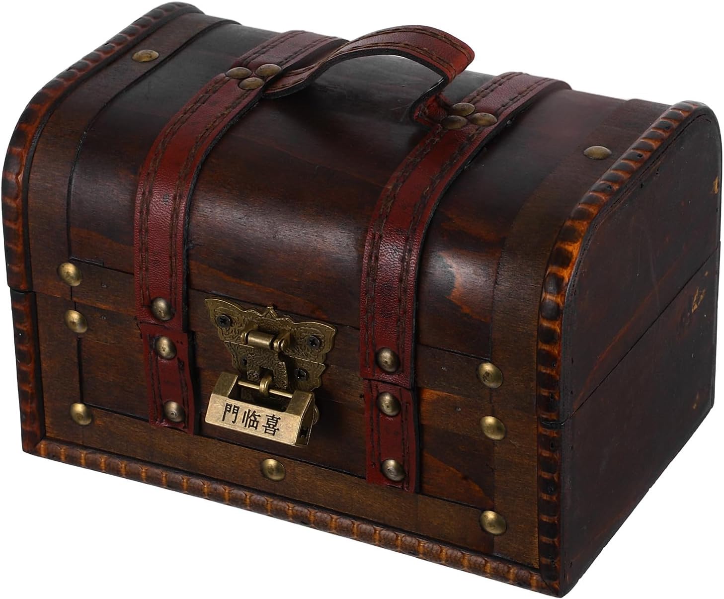 Vintage Small Wooden Treasure Chest Jewelry Storage Box with Lock, Pirate Style Keepsake Box with Lid, Dark Brown Retro Decorative Storage for Home and Bedroom Style